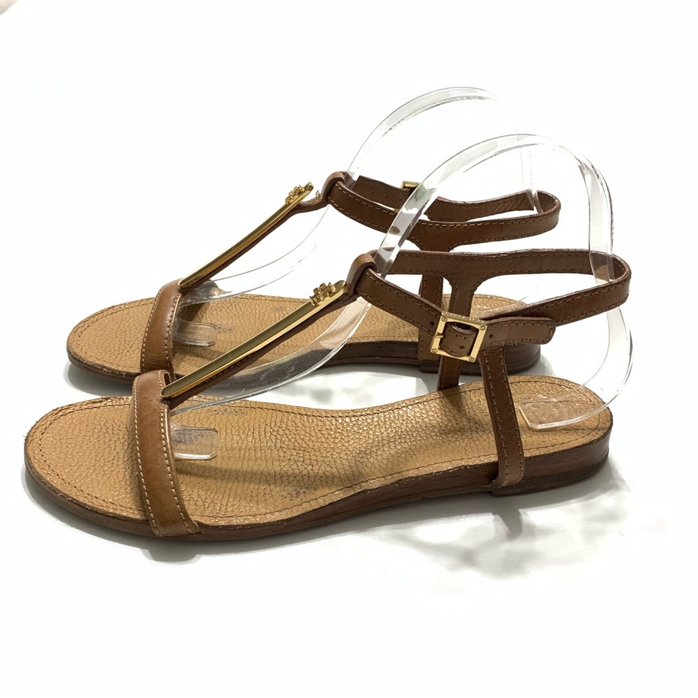 Women's Tan Leather T-Strap Sandals, Size 8 - Picture 3 of 15